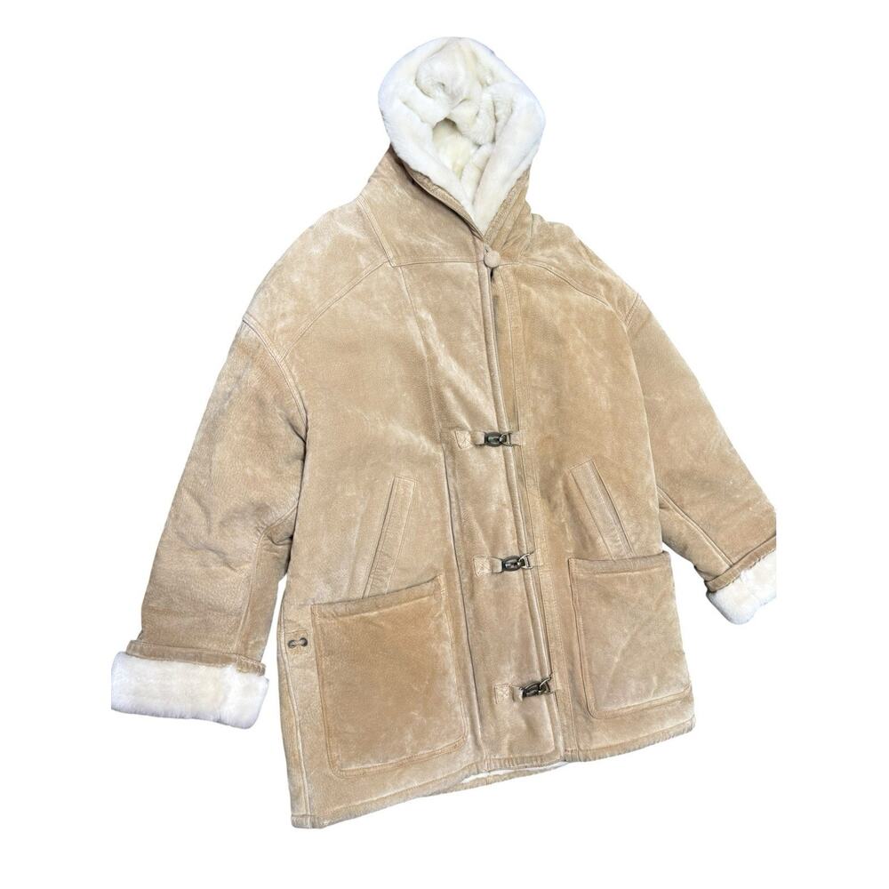 Gallery Beige Shearling Hooded Coat Faux Fur Trim Y2K Winter Jacket - Picture 6 of 10